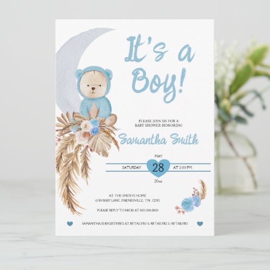 Blue It's a Boy Boho Beer Moon Baby shower Kaart (Staand voorkant)