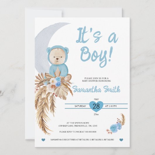 Blue It's a Boy Boho Beer Moon Baby shower Kaart (Voorkant)