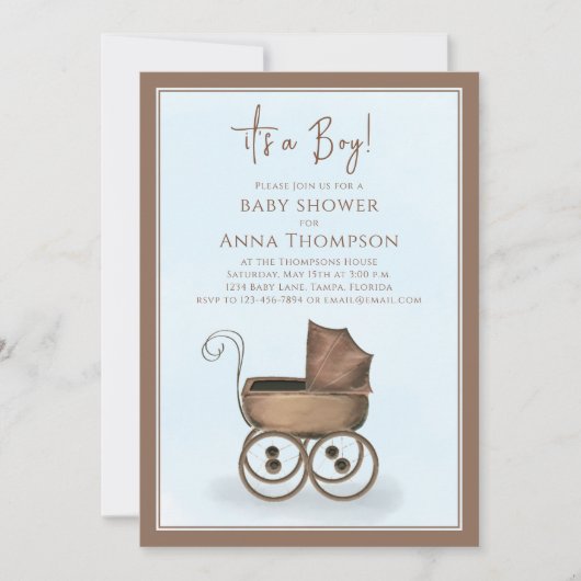 Blue It's a Boy  Carriage Gift Registry Kaart (Voorkant)