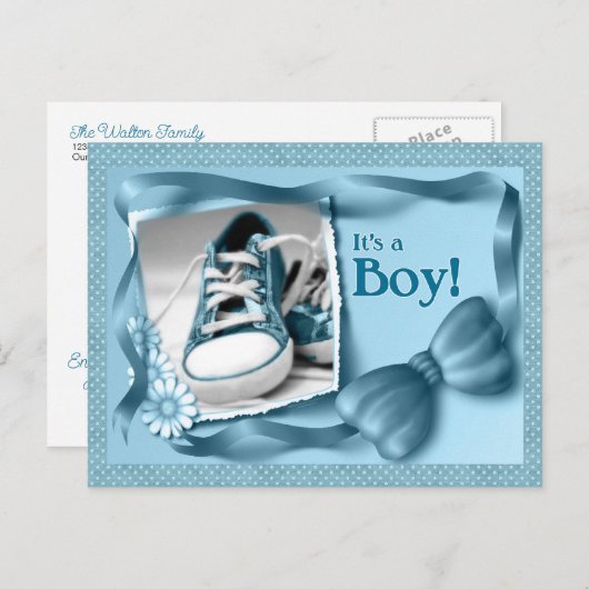 Blue It's a Boy New Baby Arrival Announcement Aankondigingskaart (Voorkant / Achterkant)