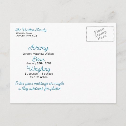 Blue It's a Boy New Baby Arrival Announcement Aankondigingskaart (Achterkant)