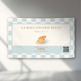 Blue Ivory Checker Croissant QR Bakery Marketing Spandoek