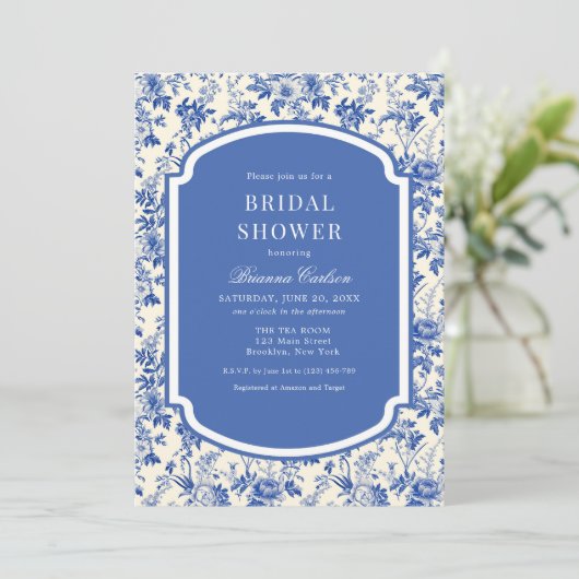 Blue Ivory Chinoiserie Floral Vrijgezellenfeest Kaart (Staand voorkant)