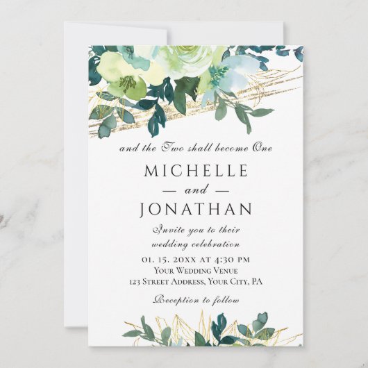 Blue Ivory Gold Floral Greenery Christelijk Weddin Kaart (Voorkant)