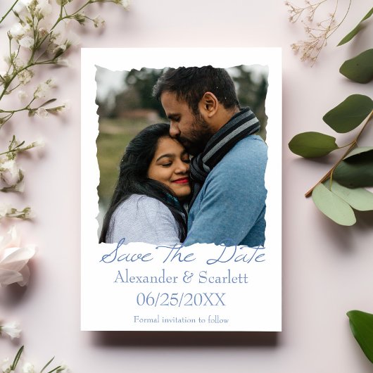 Blue Jagged Lijst Photo Save the Date Notice Aankondiging