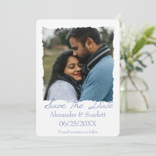 Blue Jagged Lijst Photo Save the Date Notice Aankondiging (Staand voorkant)