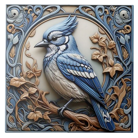 Blue Jay - Art Nouveau Keramische Tegel Tegeltje (Voorkant)