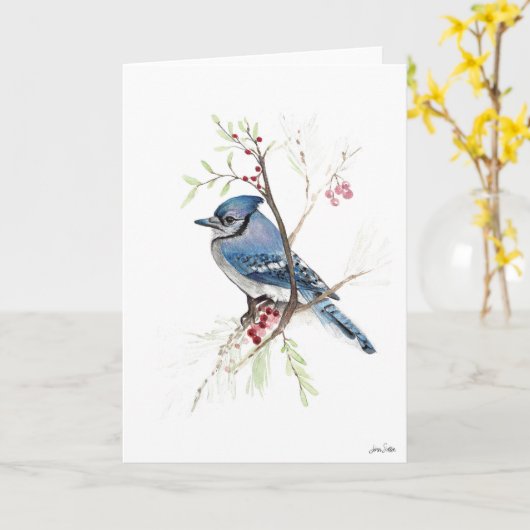 Blue Jay Bird Art Kaart (Gele Bloem)
