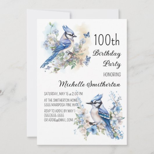 Blue Jay Bird Flowers Springtime 100th Birthday Kaart (Voorkant)