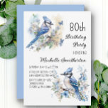 Blue Jay Bird Flowers Springtime 80th Birthday Kaart<br><div class="desc">80e verjaardagsfeestuitnodiging met schilderijen van prachtige Blue Jays die onder bloesems in de takken van een boom zitten. Neem contact met mij op voor hulp bij uw aanpassingen of om aanvullende Zazzle-producten aan te vragen of te coördineren voor uw viering.</div>