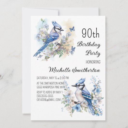 Blue Jay Bird Flowers Springtime 90th Birthday Kaart (Voorkant)