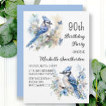 Blue Jay Bird Flowers Springtime 90th Birthday Kaart<br><div class="desc">Op de uitnodiging van het 90ste verjaardagsfeest met schilderijen van prachtige Blue Jays die onder bloesems in de takken van een boom zitten. Neem contact met mij op voor hulp bij uw aanpassingen of om aanvullende Zazzle-producten aan te vragen of te coördineren voor uw viering.</div>