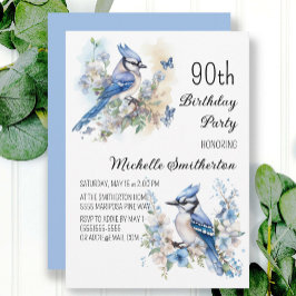 Blue Jay Bird Flowers Springtime 90th Birthday Kaart