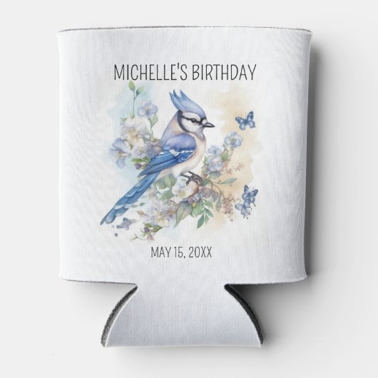 Blue Jay Bird Flowers Springtime Birthday Name Blikjeskoeler (Voorkant)