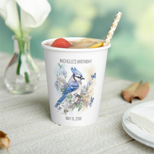 Blue Jay Bird Flowers Springtime Birthday Name Papieren Bekers (Insitu)