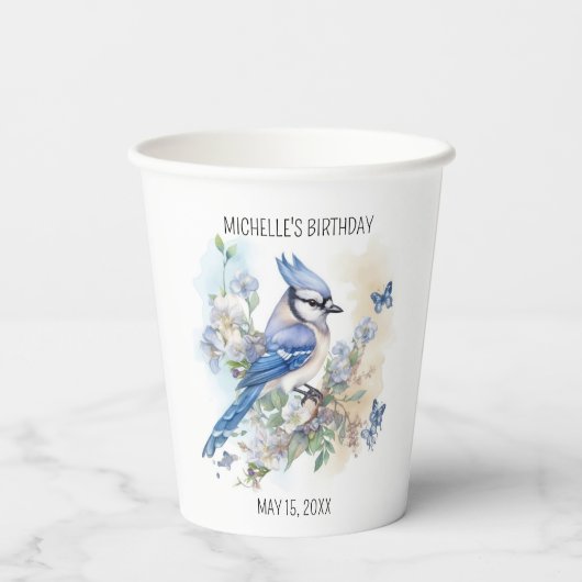 Blue Jay Bird Flowers Springtime Birthday Name Papieren Bekers (Achterkant)