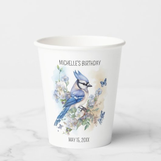 Blue Jay Bird Flowers Springtime Birthday Name Papieren Bekers (Voorkant)