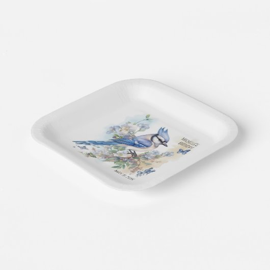 Blue Jay Bird Flowers Springtime Birthday Name Papieren Bordje (Gebogen)
