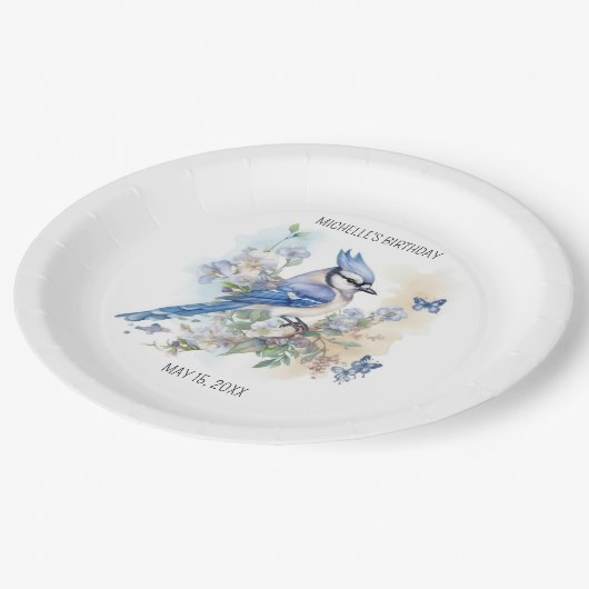 Blue Jay Bird Flowers Springtime Birthday Name Papieren Bordje (Gekanteld)