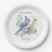 Blue Jay Bird Flowers Springtime Birthday Name Papieren Bordje (Voorkant)