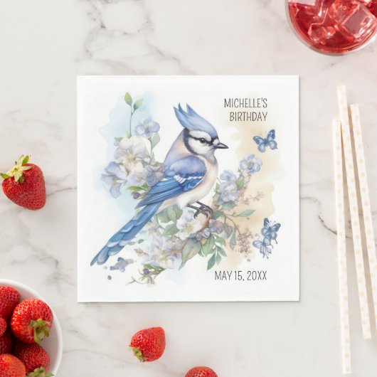Blue Jay Bird Flowers Springtime Birthday Name Servet (Insitu)