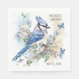 Blue Jay Bird Flowers Springtime Birthday Name Servet