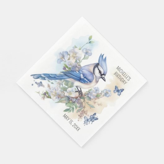 Blue Jay Bird Flowers Springtime Birthday Name Servet (Hoek)