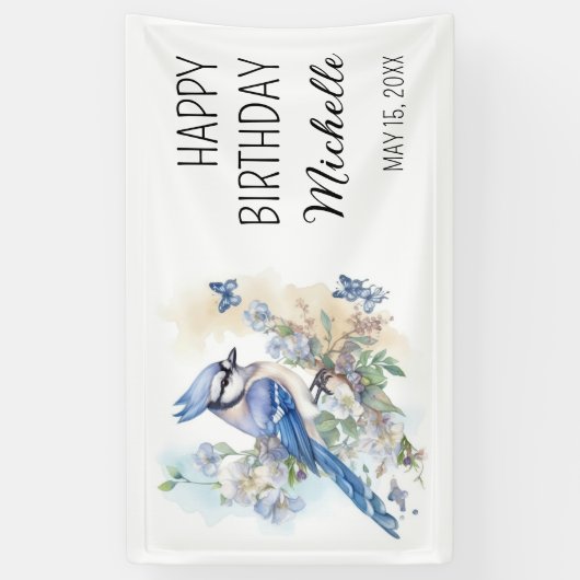 Blue Jay Bird Flowers Springtime Birthday Name Spandoek (Verticaal)