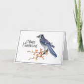 Blue Jay Bird Merry Kerstmis Berry Silver Natuur Feestdagen Kaart (Voorkant)