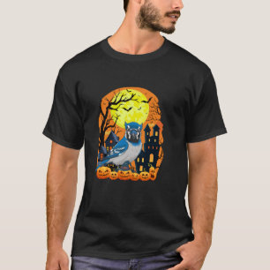 Blue Jay Bird met pompoenen Grappig Enge Halloween T-shirt
