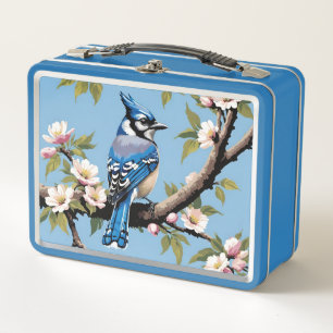 Blue Jay Bird op Pink Cherry Blossom Branch