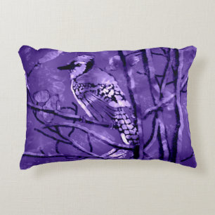 Blue Jay Bird op Tree Branch Abstracte kunst Paars Accent Kussen