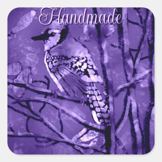 Blue Jay Bird op Tree Branch handgemaakt Vierkante Sticker (Voorkant)