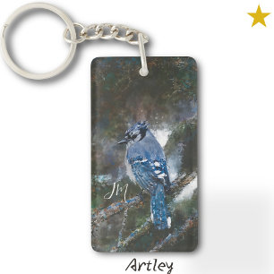 Blue Jay Bird Schilderen Initialen Vogelspotten Sleutelhanger