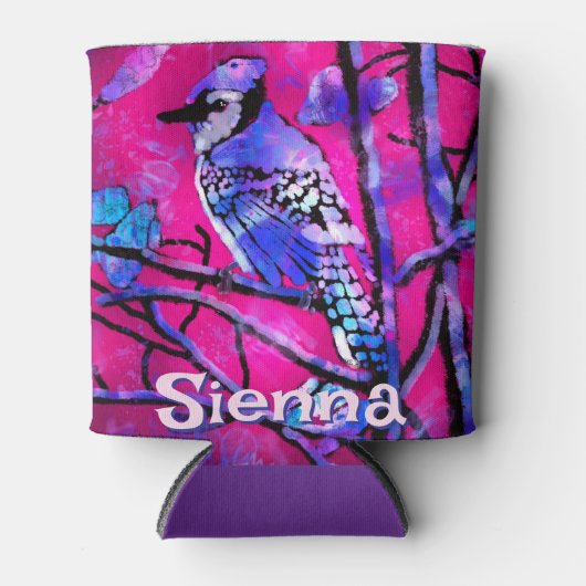 Blue Jay Bird Tree Branch Pink Personalized  Blikjeskoeler (Voorkant)
