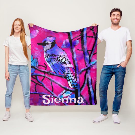 Blue Jay Bird Tree Branch Pink Personalized  Fleece Deken (In situ)
