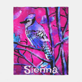 Blue Jay Bird Tree Branch Pink Personalized  Fleece Deken