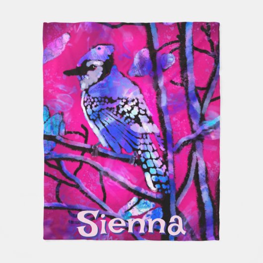 Blue Jay Bird Tree Branch Pink Personalized Fleece Deken (Voorkant)