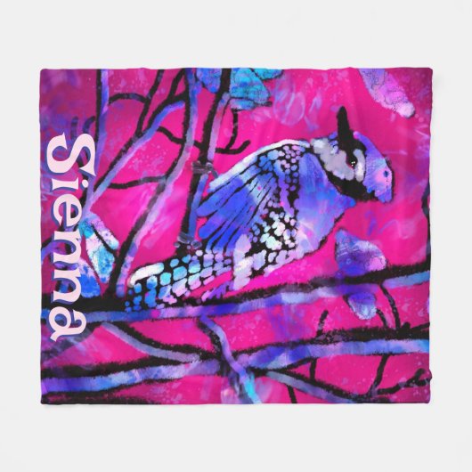 Blue Jay Bird Tree Branch Pink Personalized Fleece Deken (Voorkant (Horizontaal))