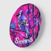 Blue Jay Bird Tree Branch Pink Personalized  Grote Klok (Hoek)