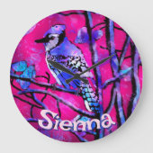 Blue Jay Bird Tree Branch Pink Personalized  Grote Klok (Voorkant)