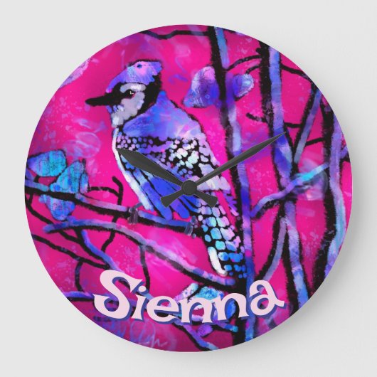 Blue Jay Bird Tree Branch Pink Personalized Grote Klok (Voorkant)