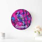 Blue Jay Bird Tree Branch Pink Personalized  Grote Klok (Huis)