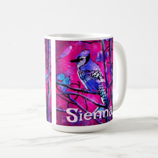 Blue Jay Bird Tree Branch Pink Personalized  Koffiemok (Voorkant rechts)