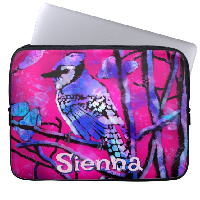 Blue Jay Bird Tree Branch Pink Personalized  Laptop Sleeve (Voorkant)