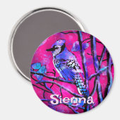 Blue Jay Bird Tree Branch Pink Personalized  Magneet (Voorkant / Achterkant)