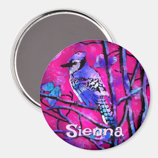 Blue Jay Bird Tree Branch Pink Personalized Magneet (Voorkant / Achterkant)