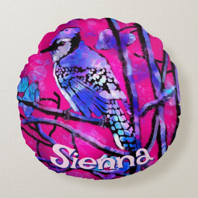 Blue Jay Bird Tree Branch Pink Personalized  Rond Kussen (Voorkant)
