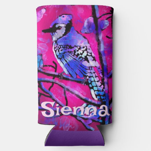 Blue Jay Bird Tree Branch Pink Personalized Seltzer Blikjeskoeler (Achterkant)