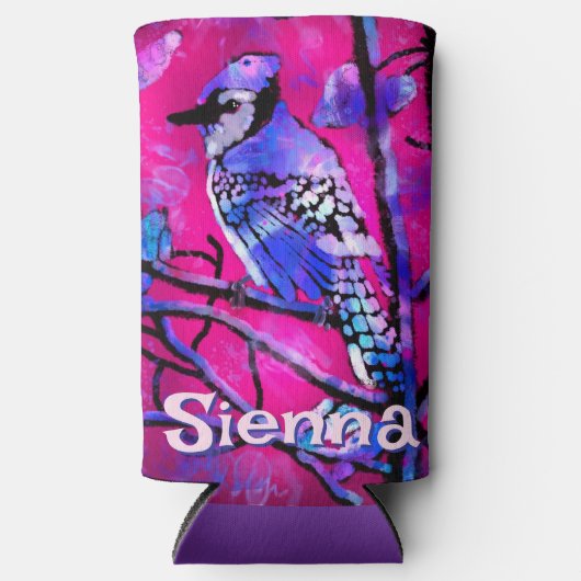 Blue Jay Bird Tree Branch Pink Personalized  Seltzer Blikjeskoeler (Voorkant)
